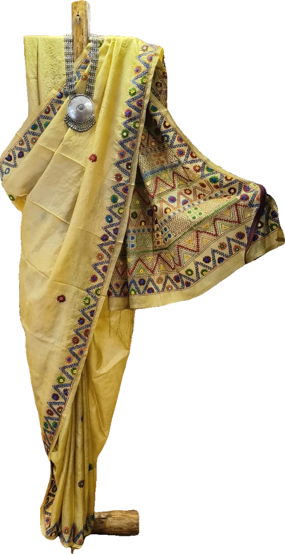 Yellow sari with an embroidered border