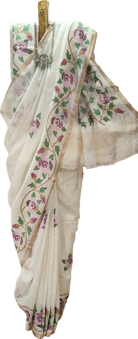White sari with a floral border