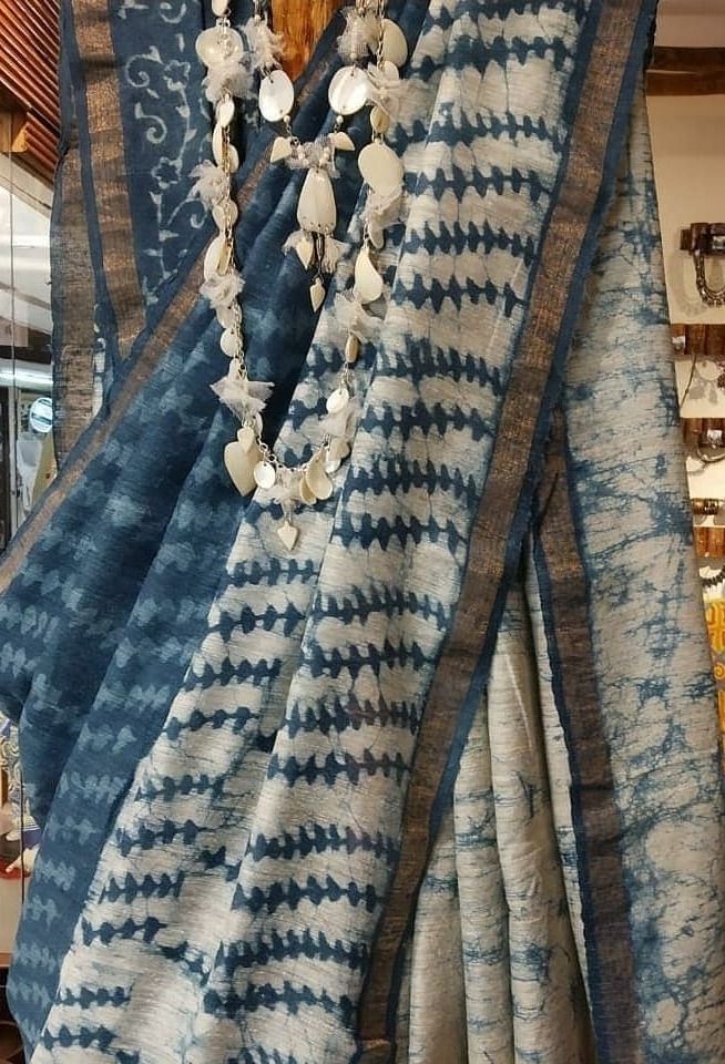 Indigo dabu print on matka silk