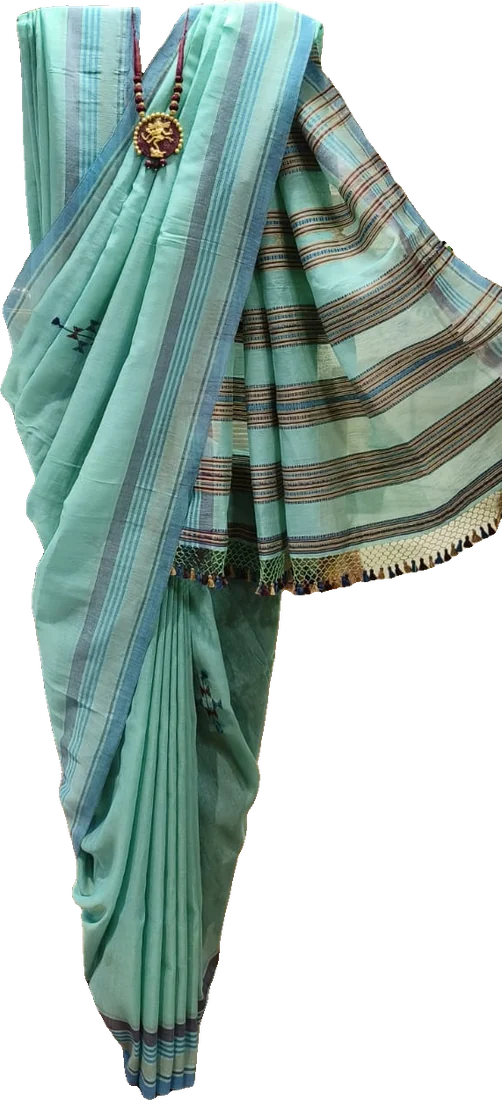 Aqua linen sari with striped pallu