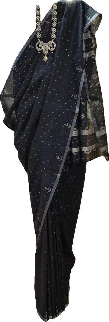 Black handloom sari with silver border