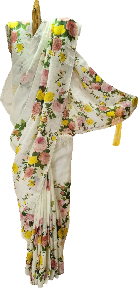 White sari with a floral print