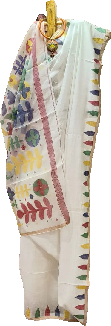 White jamdani sari with multicoloured motifs