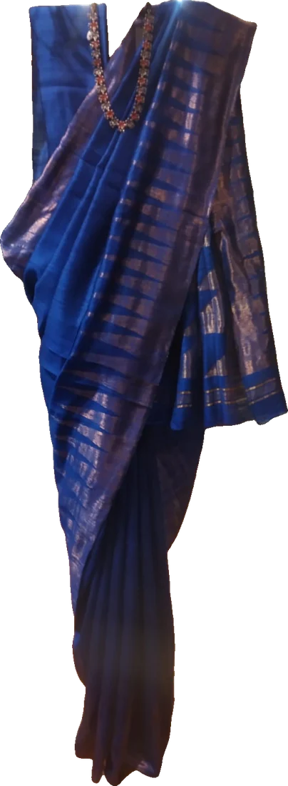 Deep blue silk sari with a striped pallu