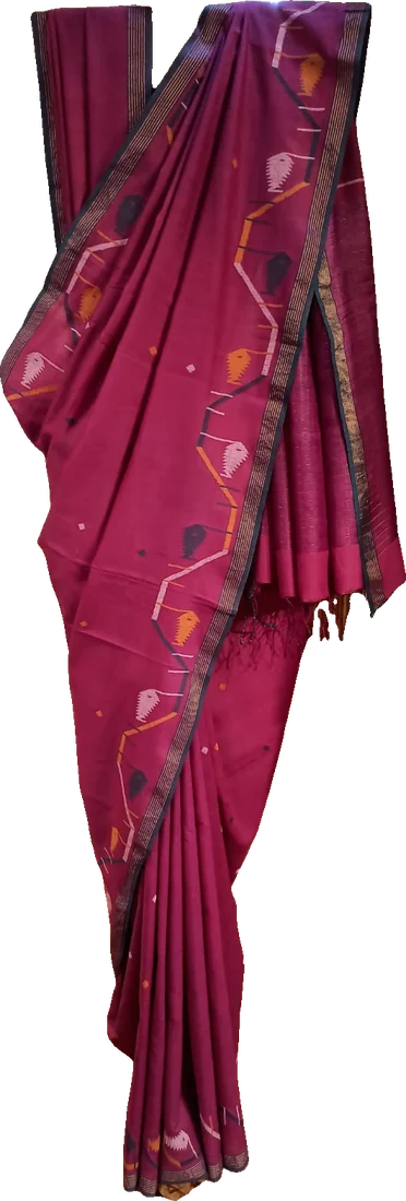 Magenta khadi cotton sari with jamdani motifs