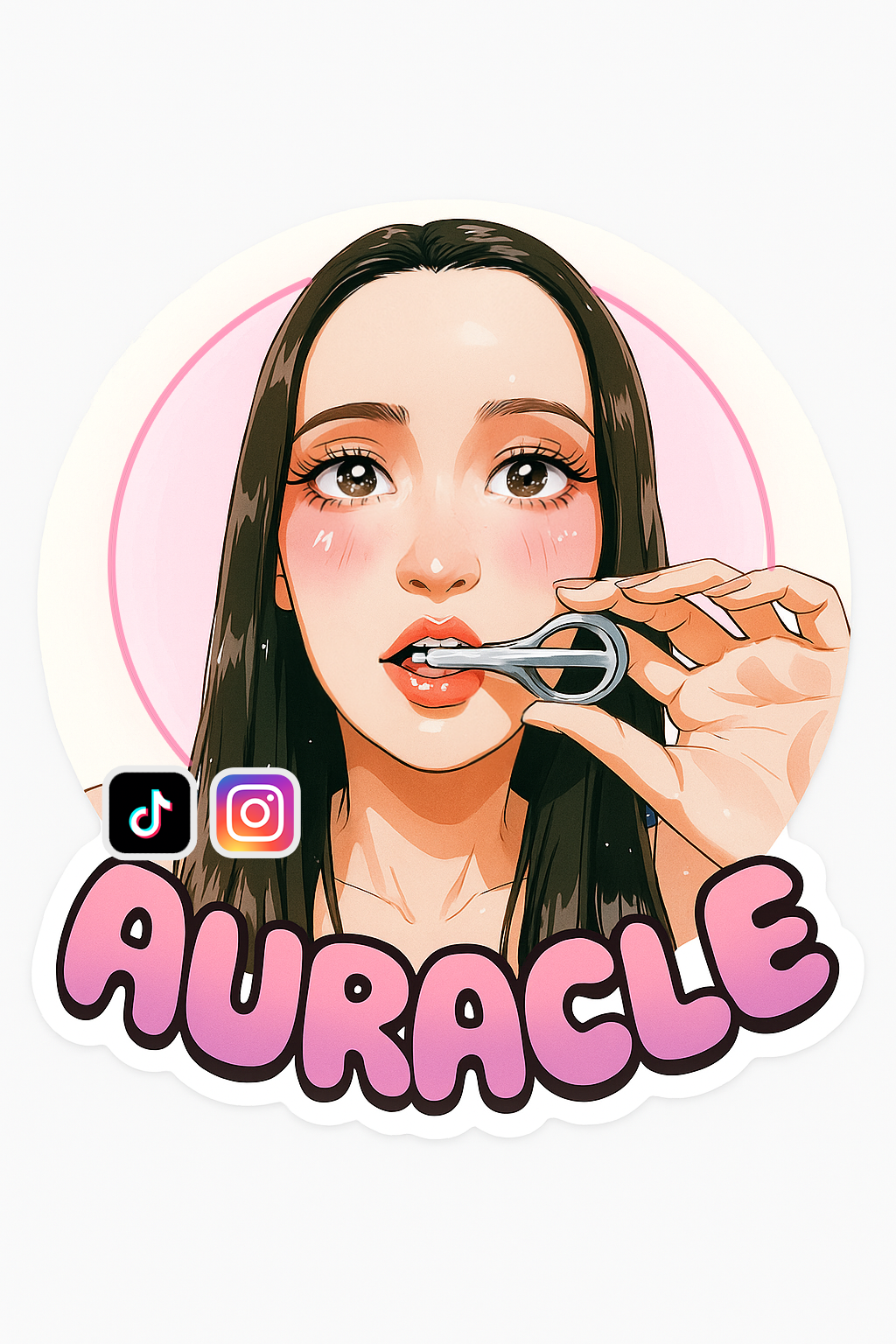 Cartoon style photo of Auracle holding a jaw harp to her mouth with pink bubble letters saying Auracle on the bottom of it