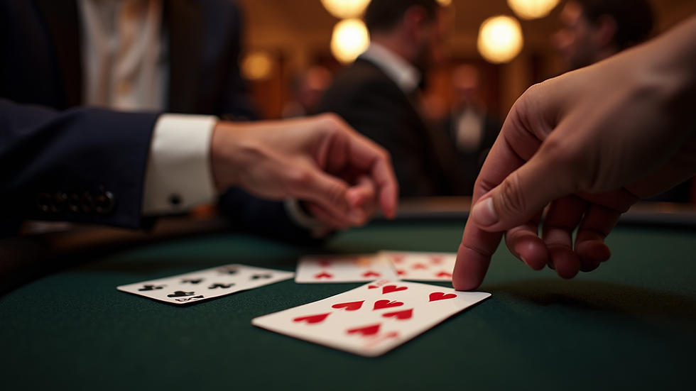 Eye-level view of a magician performing card tricks at a corporate event