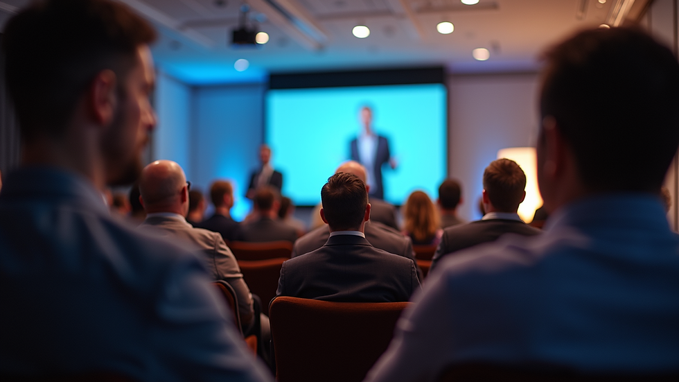 Eye-level view of a speaker engaging a corporate audience with interactive technology