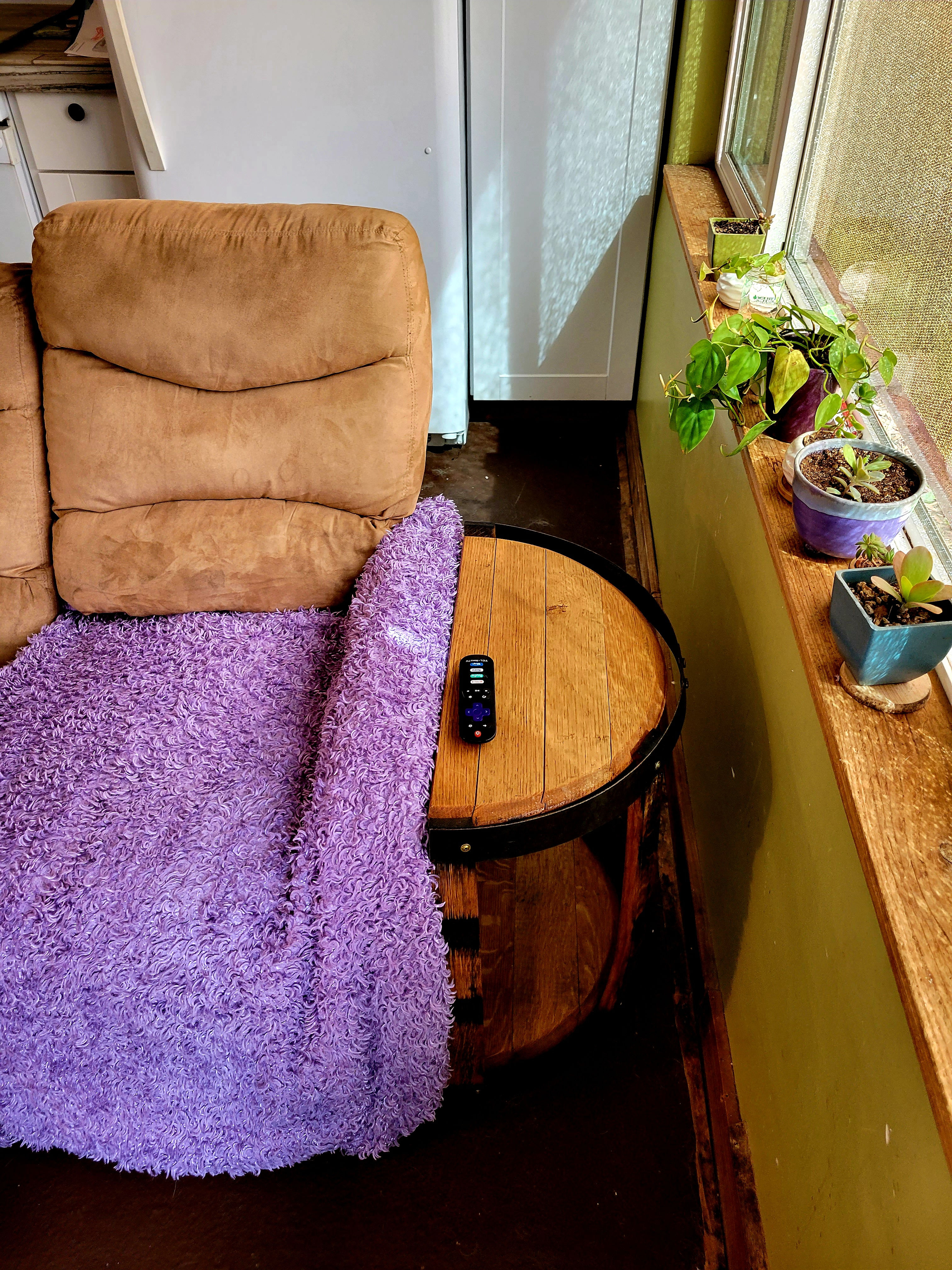 whiskey barrel couch/chair side table