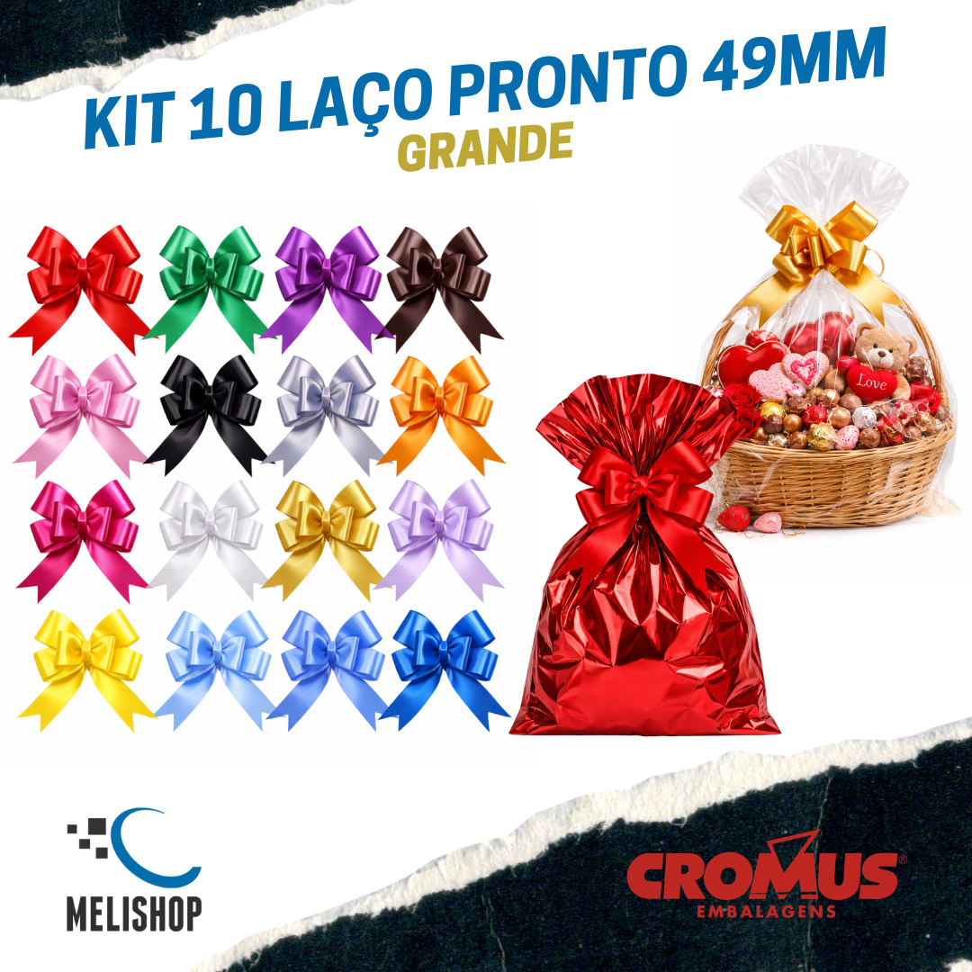 Laço Pronto Liso 49mm Grande para Saco de Presente 10 Unidades Cromus