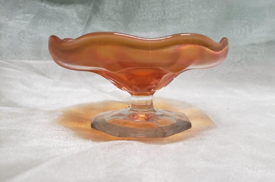 Pair of Orange and Clear Pedestal Plate Miniature Compotes with Waved Designs