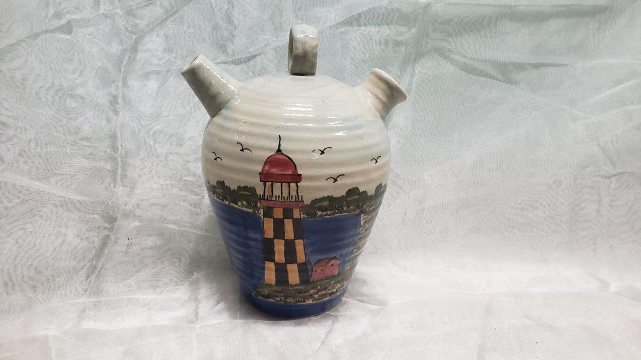 Tan and Blue WCL Pottery Jug Vintage 1980s – Beach House Décor – Lighthouse