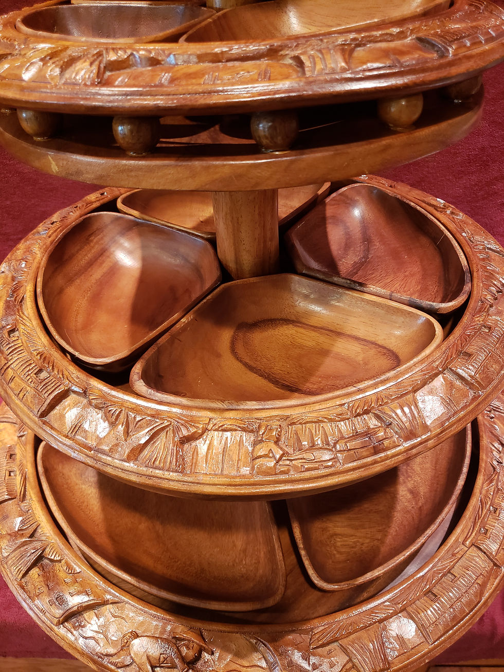 Thumbnail: Vintage Monkey Pod Wood 4-Tier Lazy Susan Display Bowl Stand