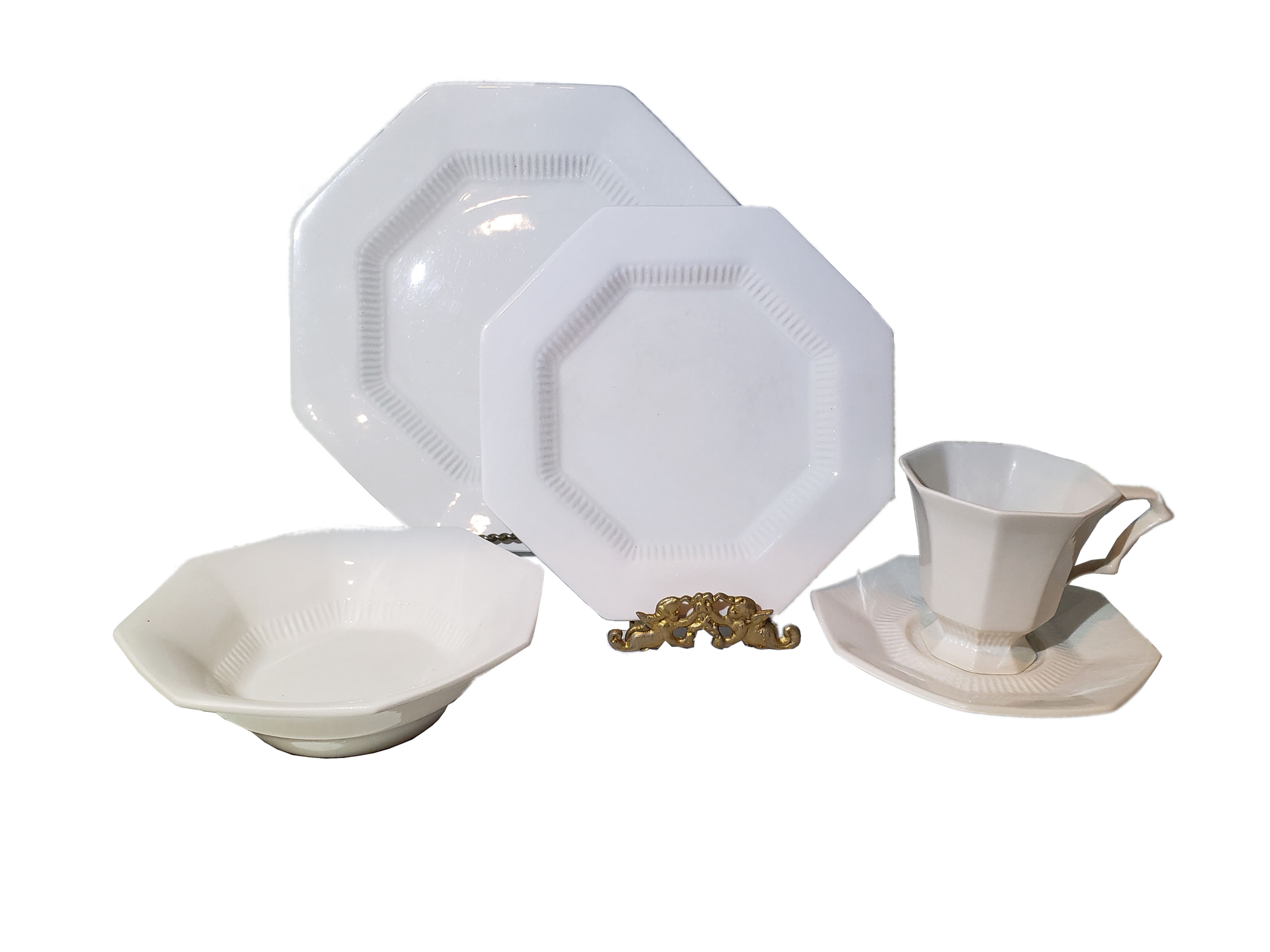 White Octagonal Dish Set with Plates, Bowls, Teacup, Saucer, Lidded Dish