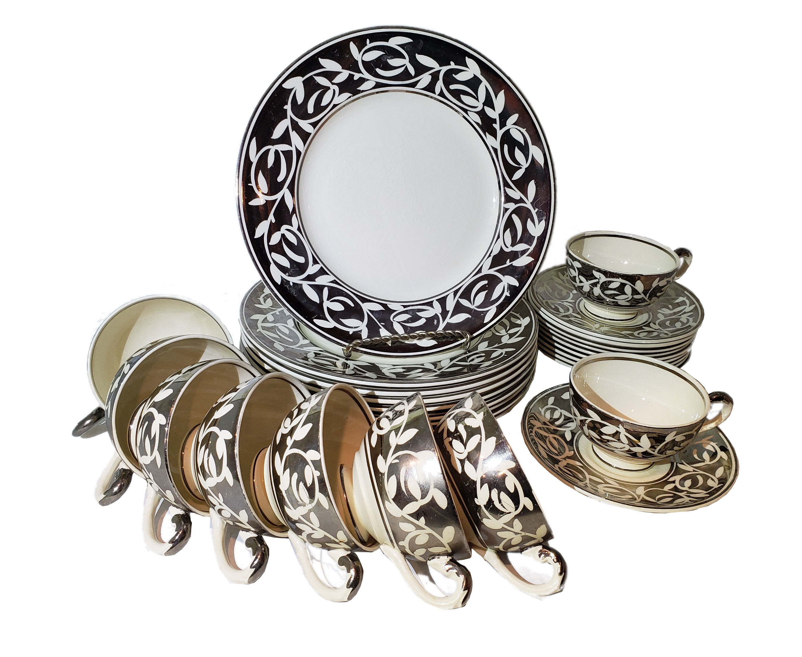 Myott Son and Co Hand Painted Silver and White Plates and Cups Dinnerware