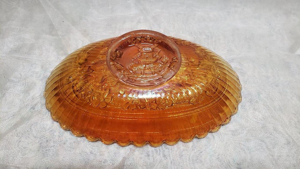 Thumbnail: Vintage Orange Carnival Glass Bowl Platter with Windmill, Farm and Fall Flowers