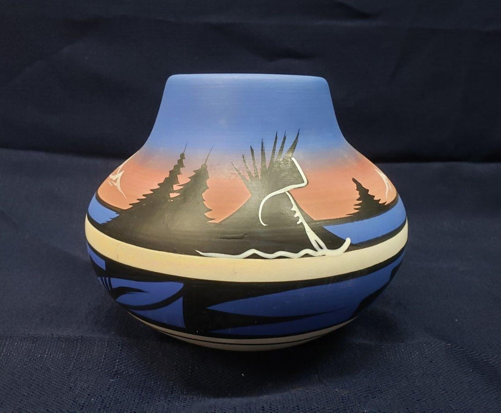 Pink and Blue Sunset and Silhouette Painted Bulbous Round Vase for Flowers