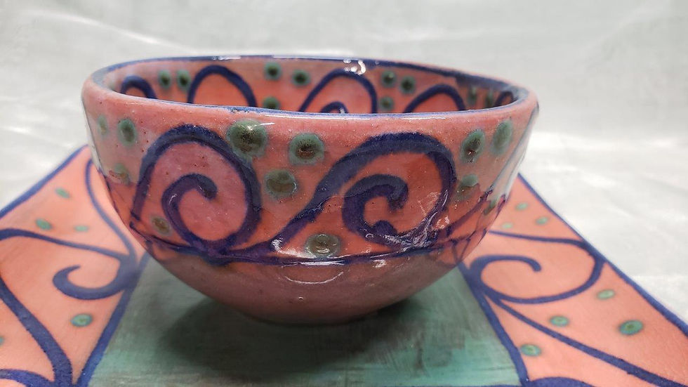 Thumbnail: Pink and Green Bowl and Square Plate Set - Earthworks Barbados