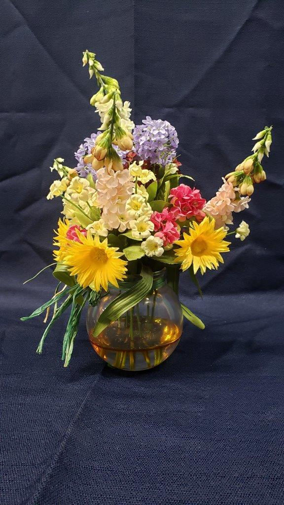 Vintage Collectible Flower Arrangement Décor – Faux Fabric Flowers in Clear Pot