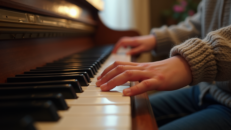 Eye-level view of a young pianist playing
