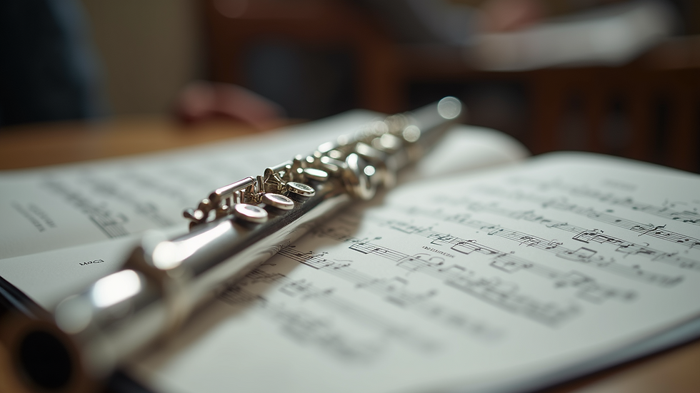 Close-up view of a flute resting on sheet music during a group lesson