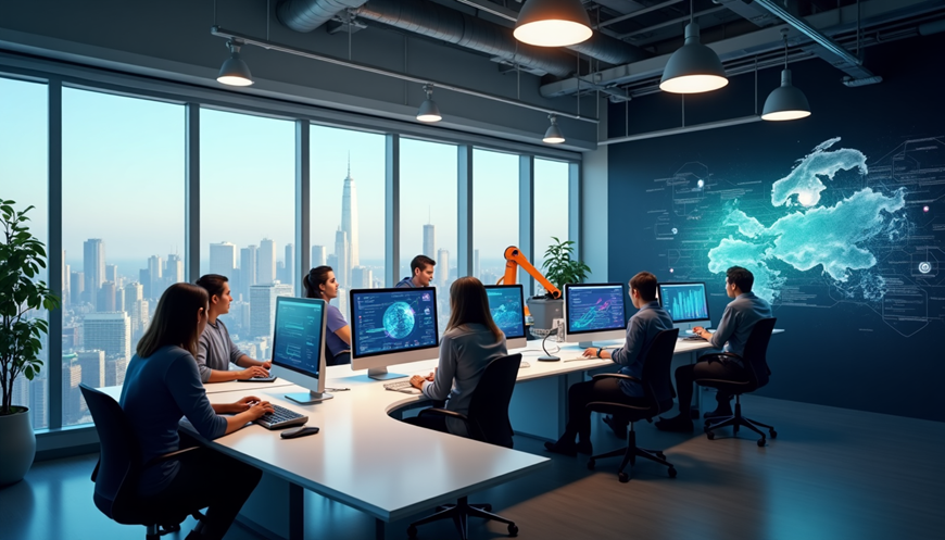 AI-driven business meeting showcasing AI technology transforming SMB operations for improved productivity in Canada.