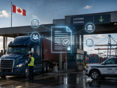 Photorealistic Canadian customs and port scene showing a container truck undergoing inspection beneath a bilingual Customs and Douanes checkpoint. A Canadian flag, port cranes, stacked containers and a CBSA vehicle establish the trade environment. A subtle digital evidence overlay connects a secure electronic record with verification, institutional review, identity and audit icons, representing trusted, reusable and traceable supply chain evidence across regulatory processes.