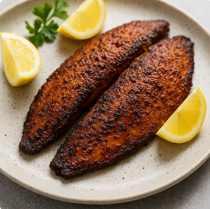 Cooked Tilapia on Plate with lemon using Cajun Season Blend