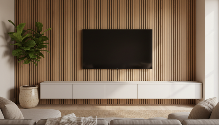 Side view of a TV wall with wood slat panels concealing cables behind the screen