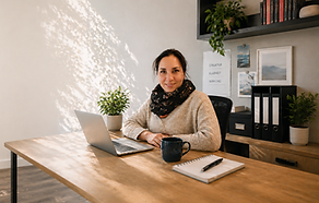 Lächelnde Frau am Schreibtisch mit Laptop im hellen Büro.