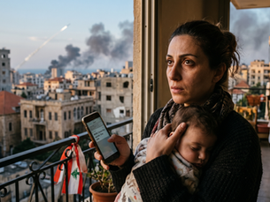 A mother on a Beirut balcony holds her sleeping child while looking at a smartphone notification announcing a cease-fire agreement. The digital message stands in sharp contrast to the immediate reality outside, where a fresh missile trail arcs over the smoke-filled city skyline.