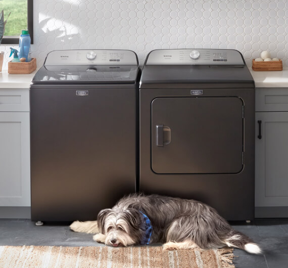 Maytag top load laundry set with pet pro hair removal system models MVW6500MBK + MED6500MBK