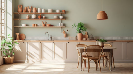 Eco friendly kitchen with light wood and sunlight
