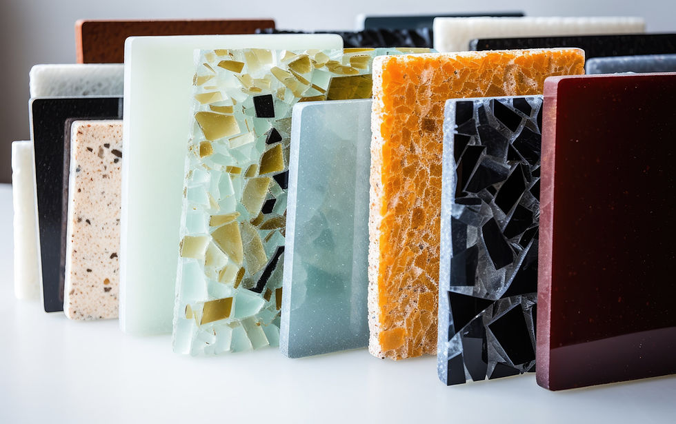 Samples of recycled glass countertop materials