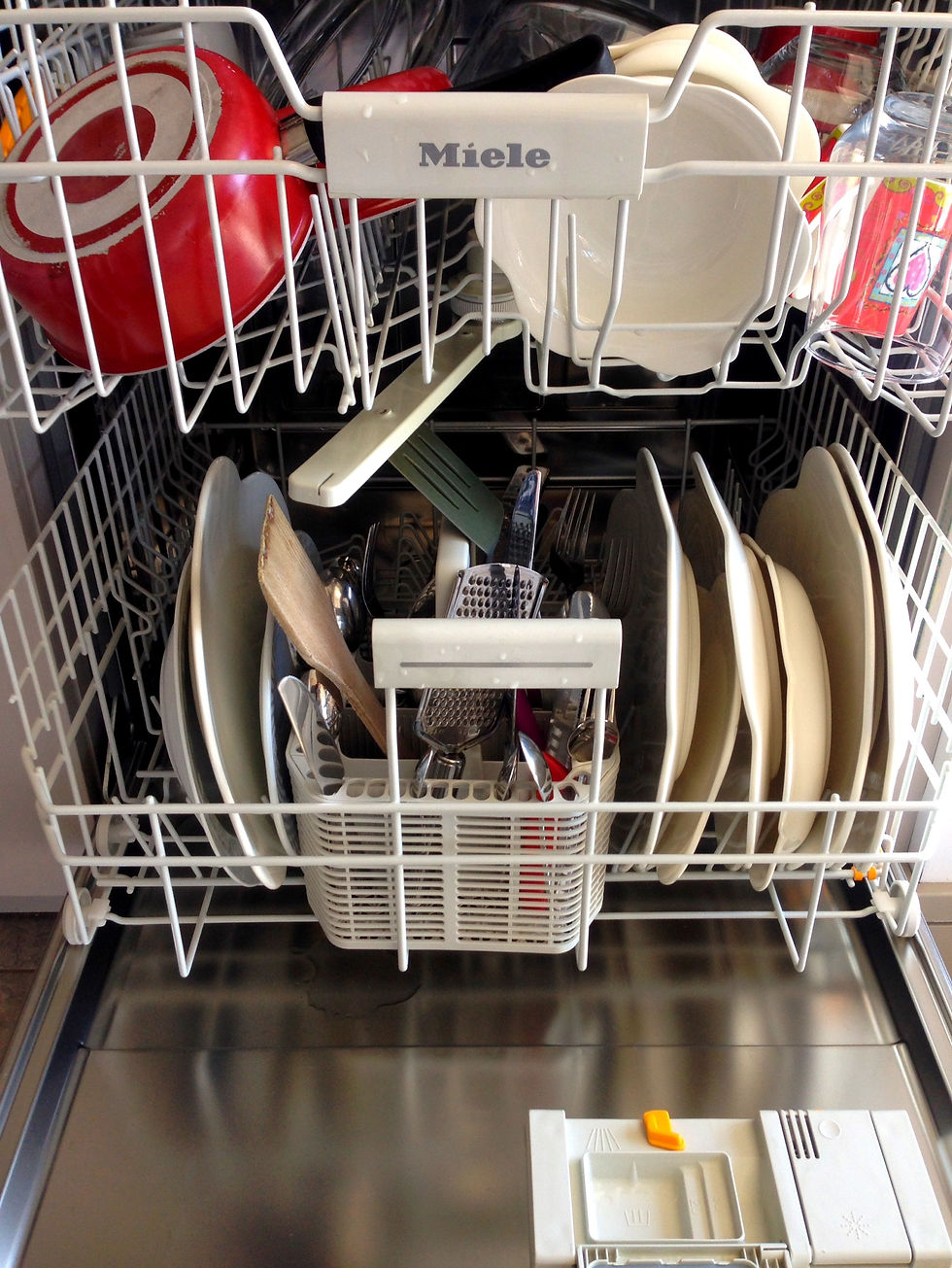 Open dishwasher with dishes loaded