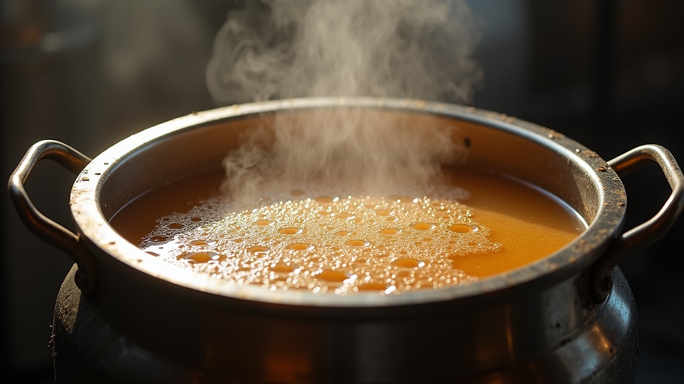 Close-up view of a brewing kettle with bubbling wort