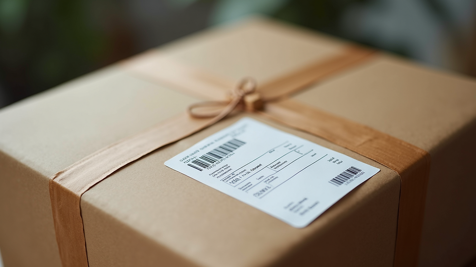 Close-up view of a courier package with a tracking label