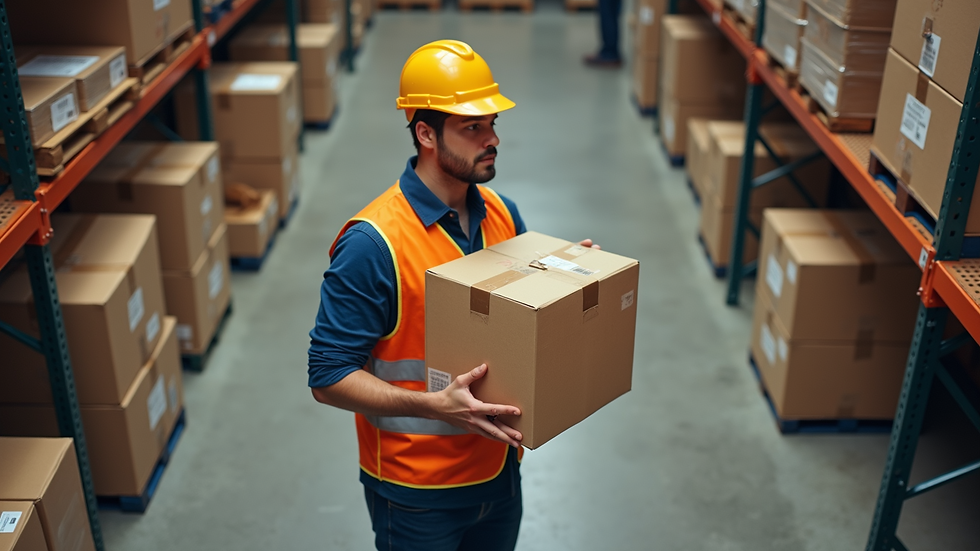 High angle view of a courier sorting packages in a distribution center