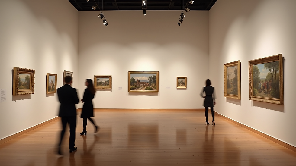High angle view of an art gallery with paintings displayed on walls