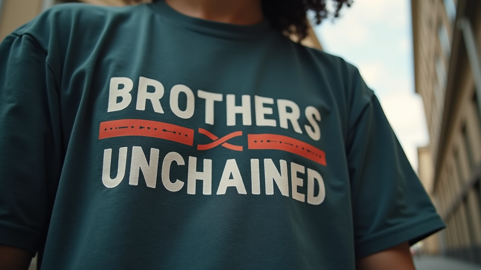 Eye-level view of a person wearing a Brothers Unchained shirt with a mental health awareness message