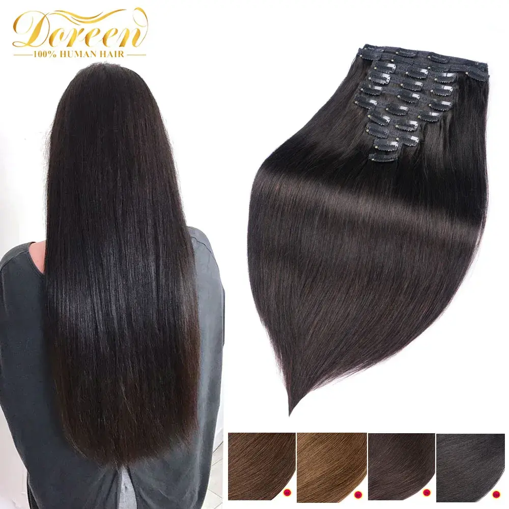 Straight Brazilian Human Hair Clip in Extensions Full Head 10Pcs 14 to 24 Inch
