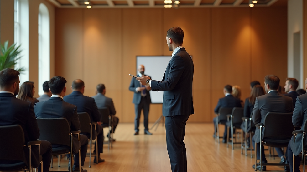 Eye-level view of event coordinator checking venue setup