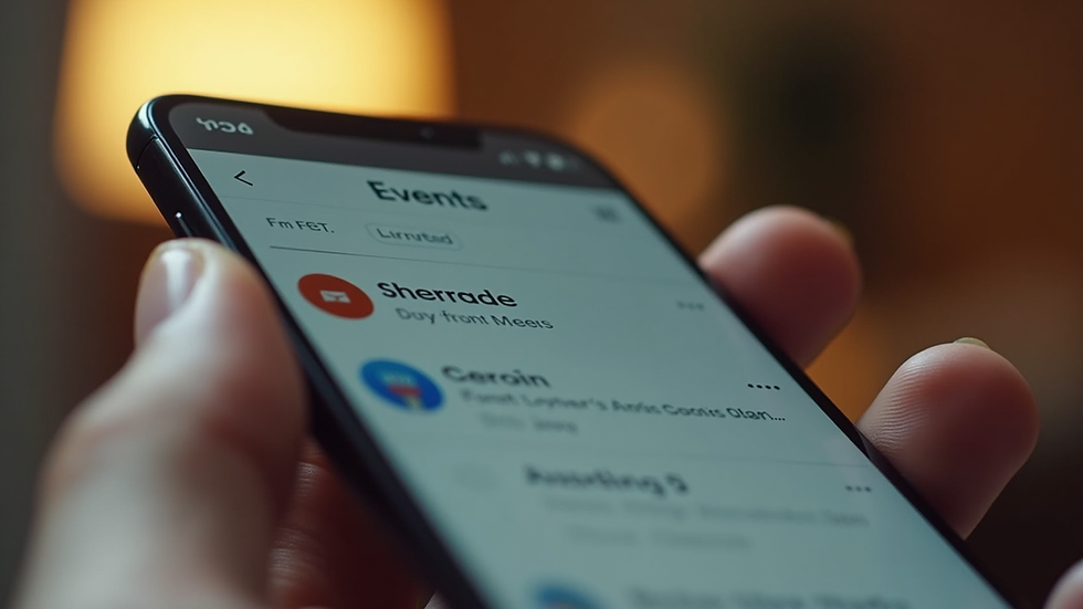 Close-up view of a smartphone displaying an event app with schedule and notifications