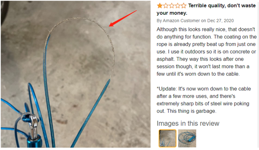 Quality complaint for jump rope at Amazon store