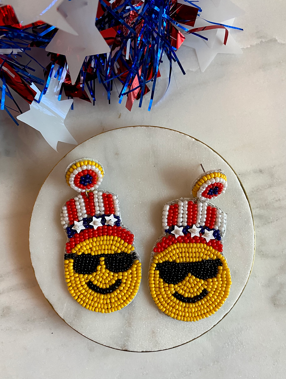 Thumbnail: Patriotic Smiley Seed Bead Earrings