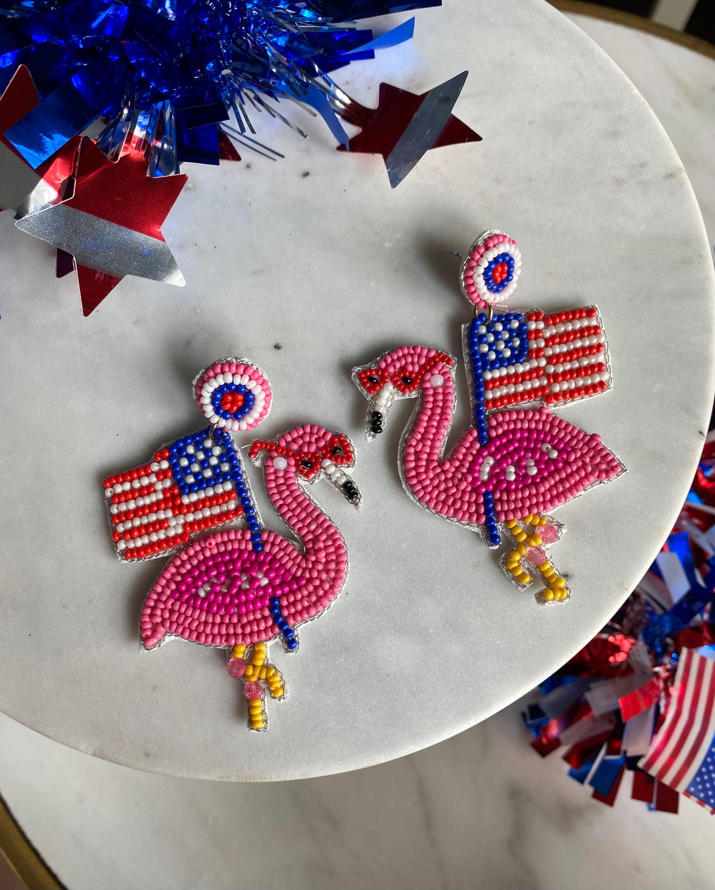 American Flag Flamingo Seed Bead Earrings