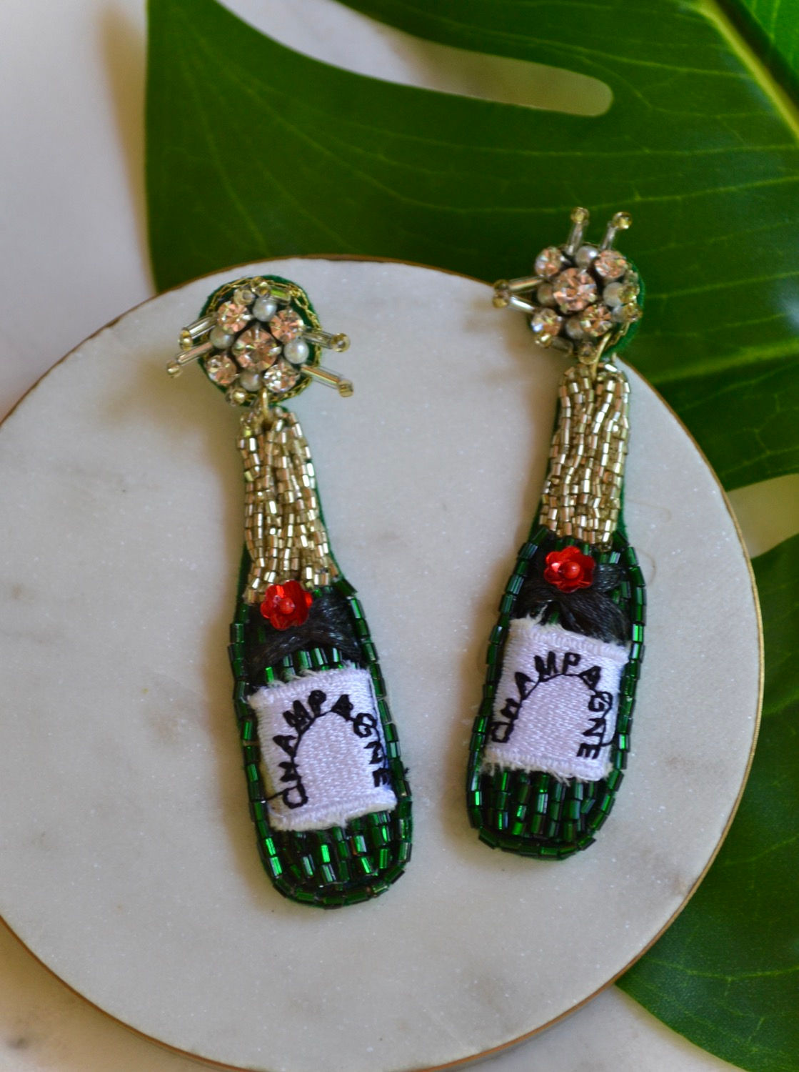 Green Champagne Bottle Seed Bead Earring