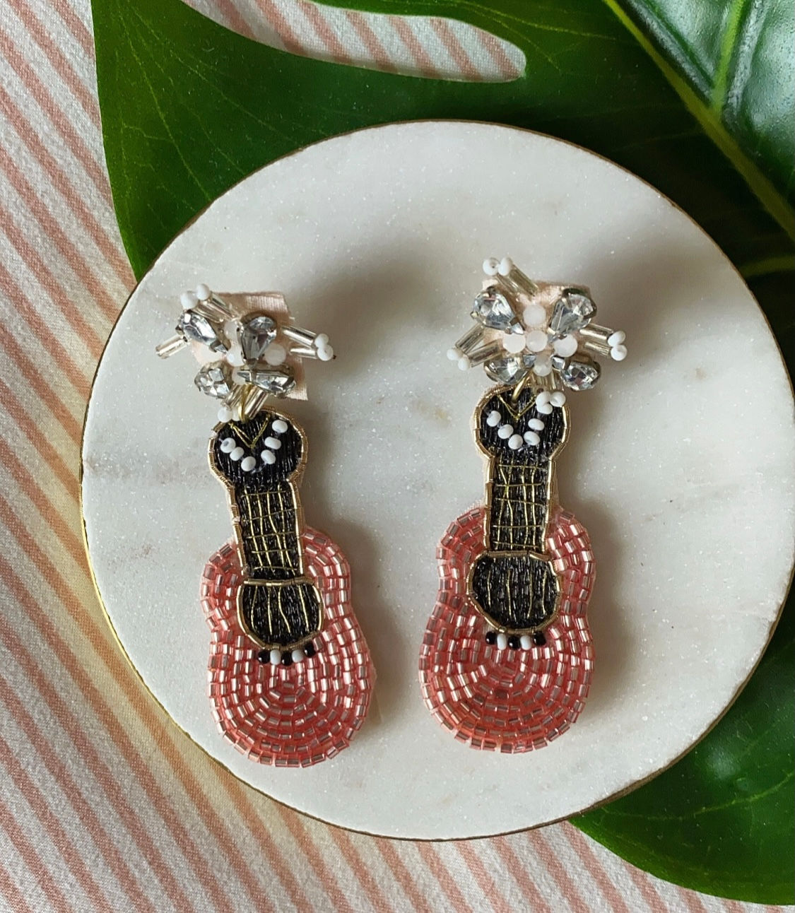 Pink Guitar Seed Bead Earrings