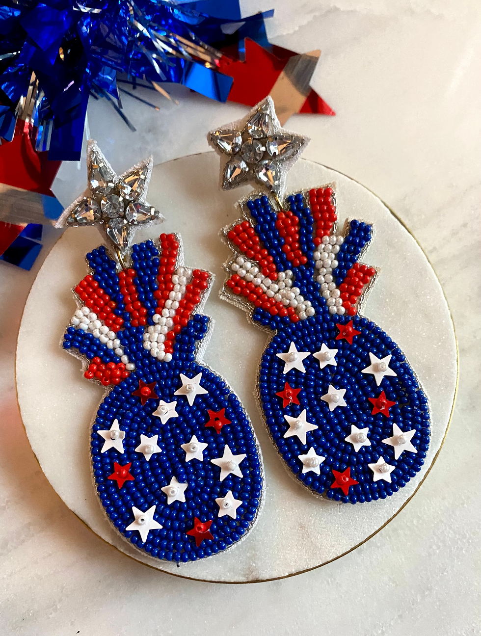 Thumbnail: Red, White and Blue Celebration Seed Bead Earrings