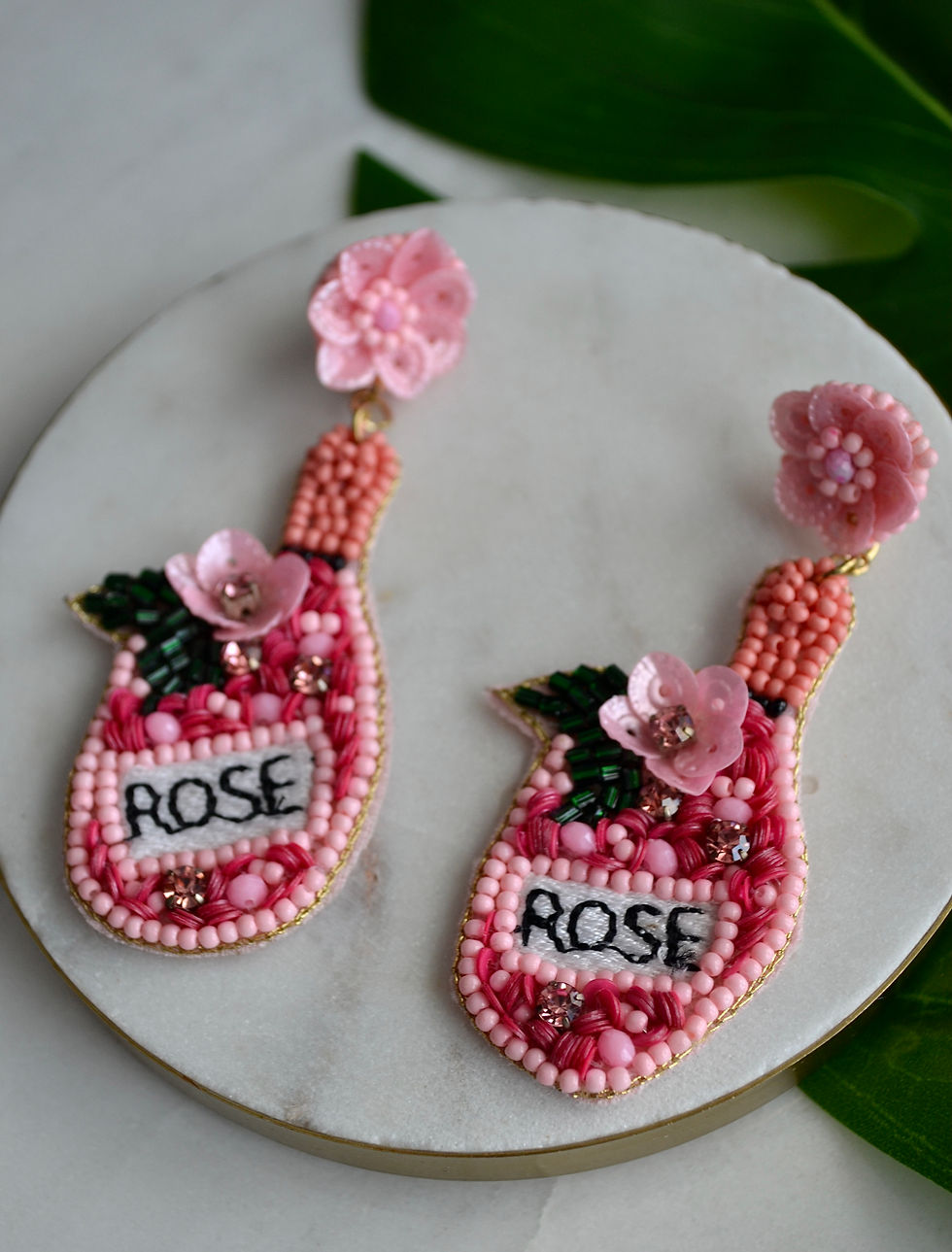 Thumbnail: Pink Floral Rose Seed Bead Earrings